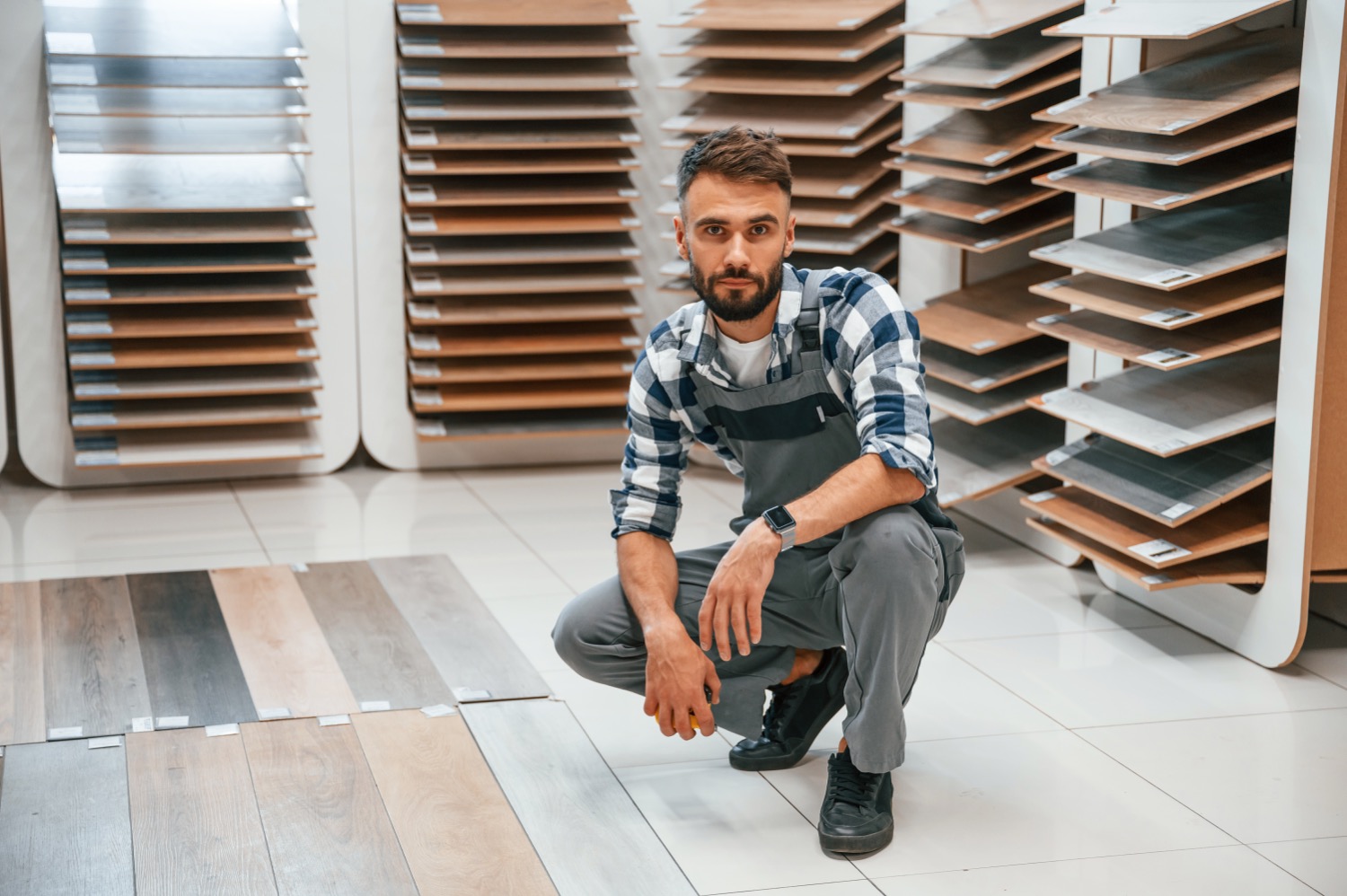 reparatur bau und heimkonzept lachelndes paar das holzboden misst